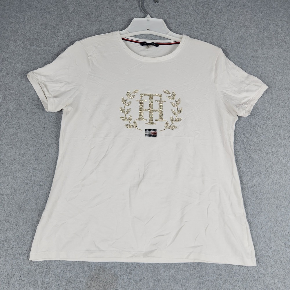 Tommy Hilfiger T Shirt Womens Medium White Cotton Rhinestones Crew Neck Summer